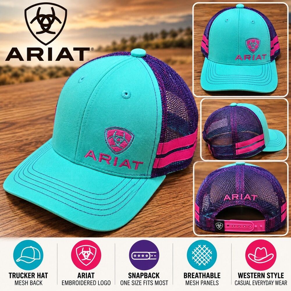 Ariat Trucker Hat Turquoise Purple Pink Mesh Snapback Western Cap One Size